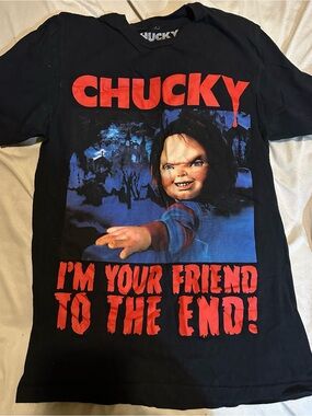 Ripple Junction Black Chucky Graphic Tee with Red and Blue Print